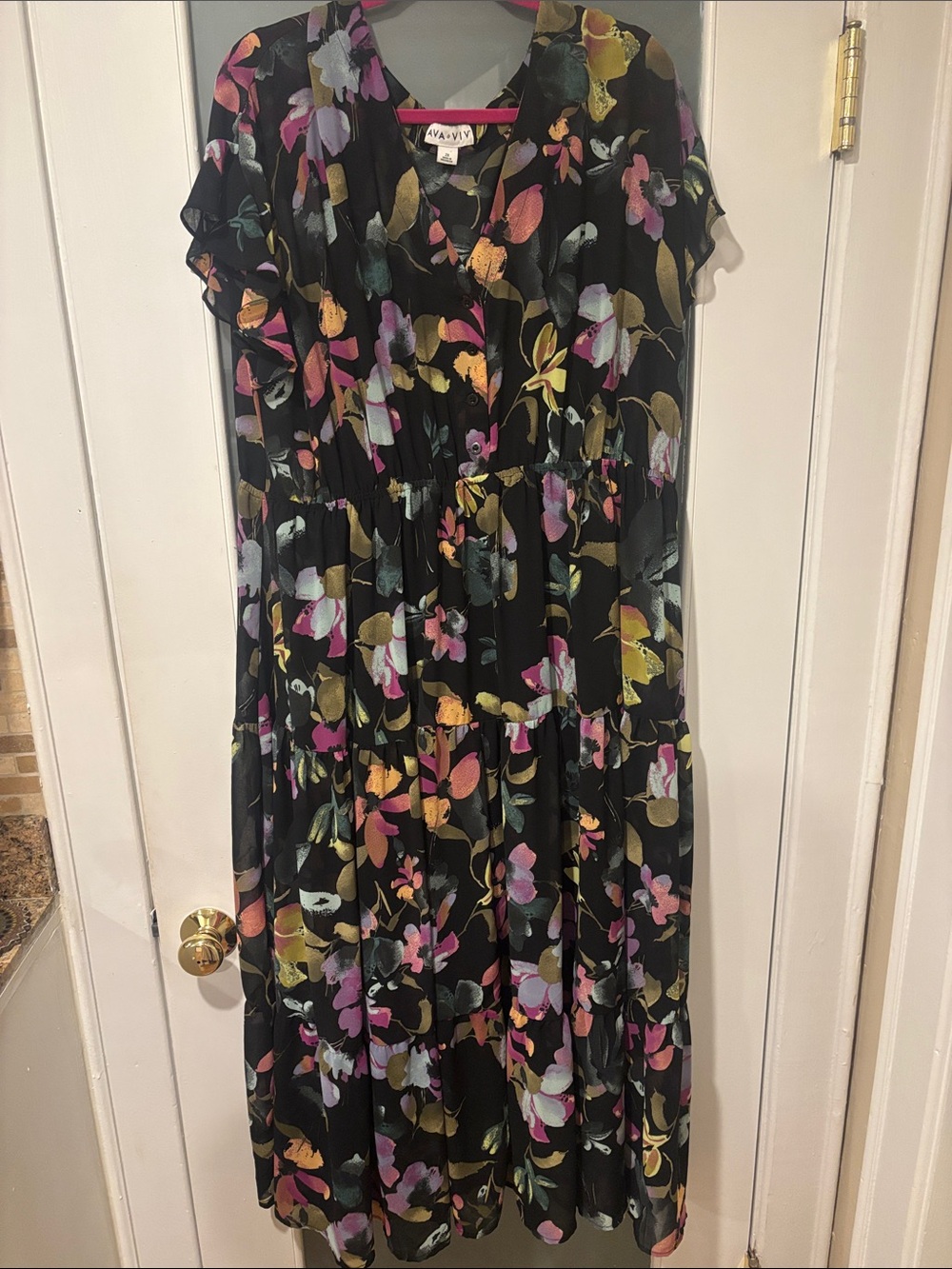 Ava & Viv Black Floral Maxi Dress with Pink, Yellow & Green Accents